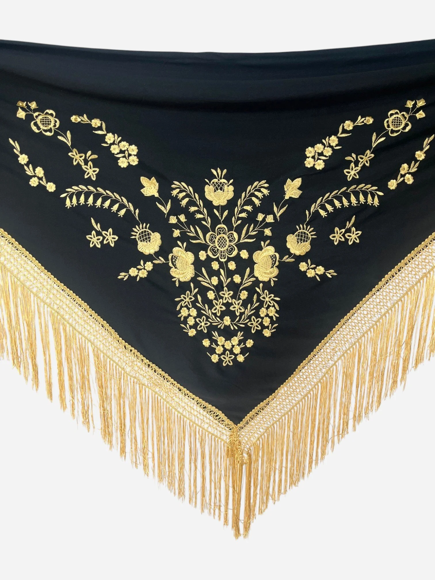 BLACK AND GOLD EMBROIDERED SHAWL FABRIC WITH FRINGE