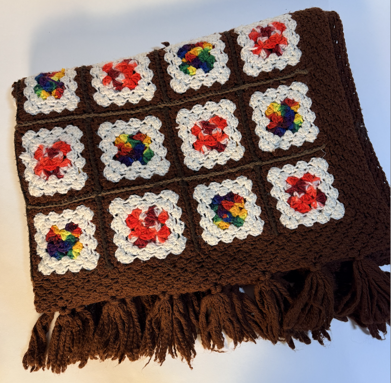 HANDMADE GRANNY SQUARE BLANKET THROW WITH FRINGE