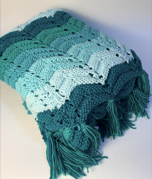 TEAL AND AQUA CROCHET CHEVRON PATTERNED BLANKET