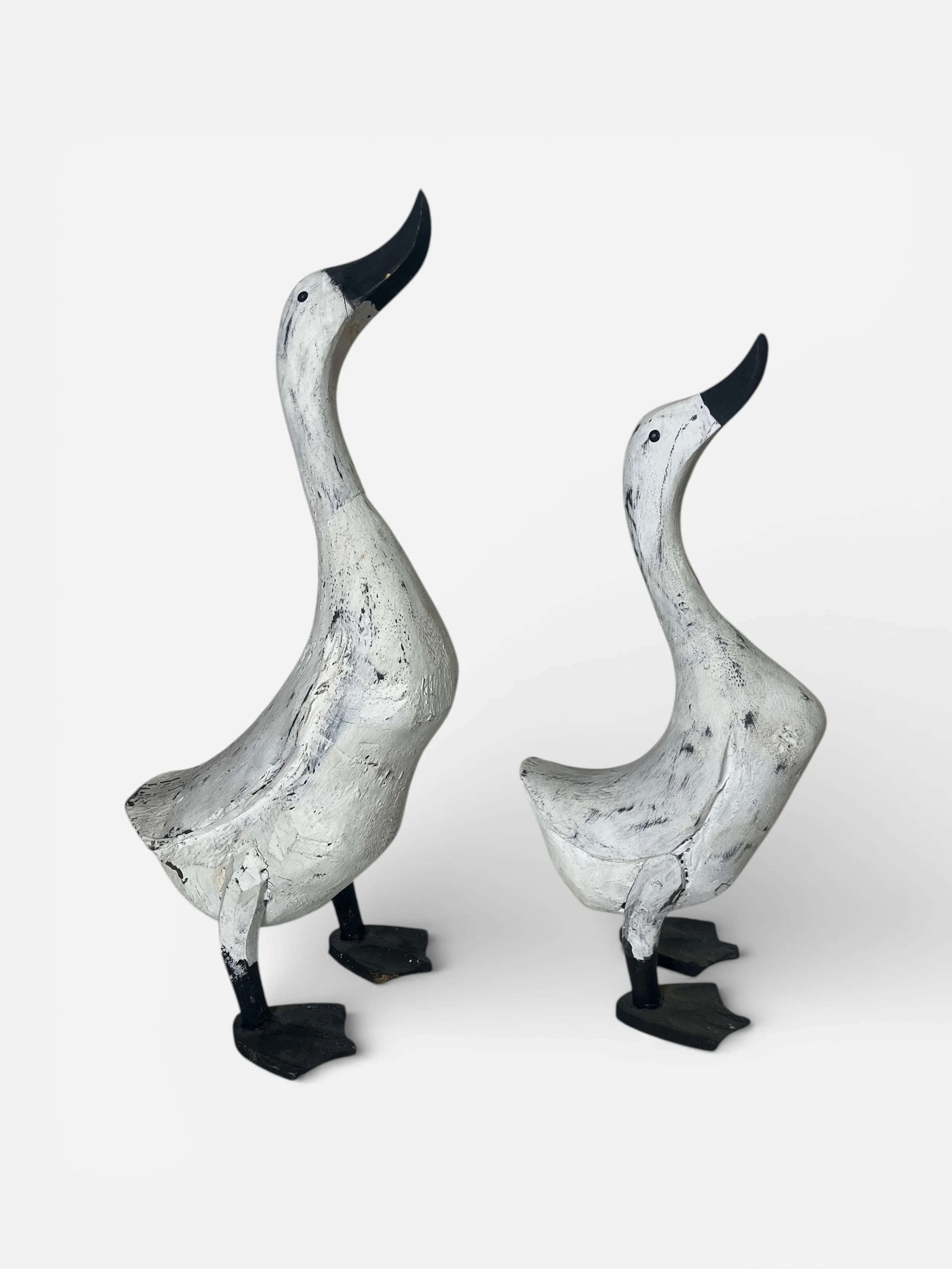 PAIR OF RUSTIC WHITE WOODEN DUCK SCULPTURES