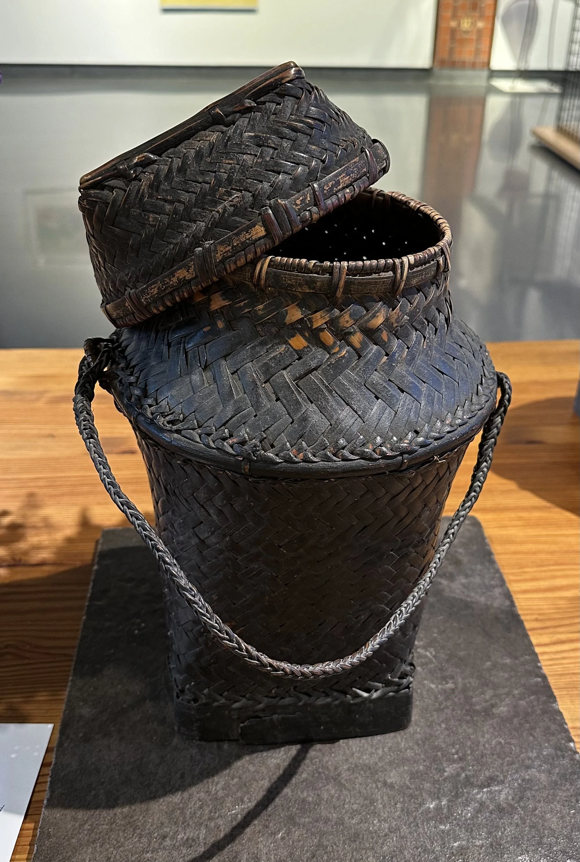 Vintage Japanese, "Bamboo Rice Basket with Lid," 14" x 9.25", laquered bamboo