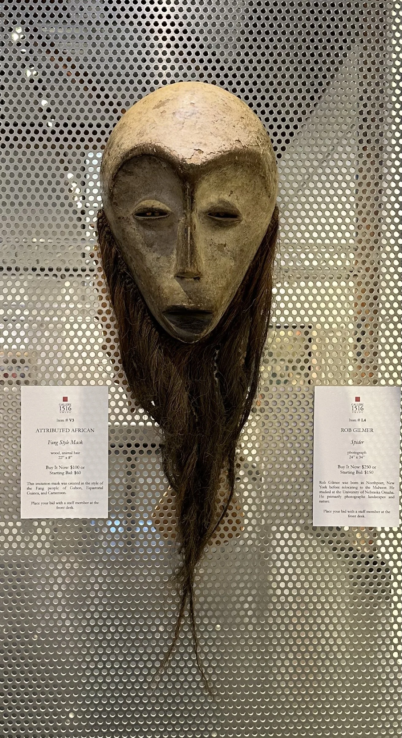 Attributed African, "Fang Style Mask," 22" x 8", wood, animal hair