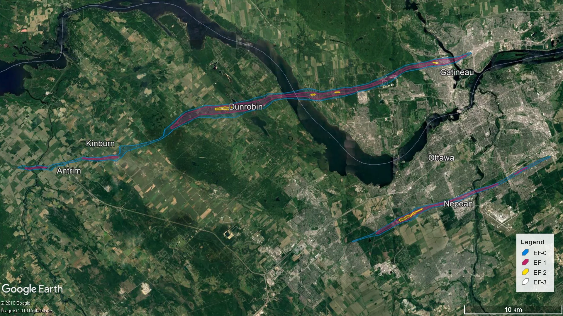 Parcours des tornades à Gatineau et Ottawa.