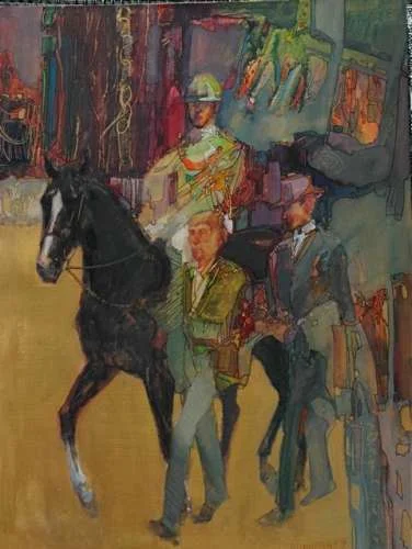 "THE DARK HORSE" 2008 Watercolour by Lesley Humphrey. I painted this on gold prepared watercolour paper with watercolour. As you can see, the style and application is exactly the same as my oils. This time though, it's not about the horse really... It's about the remarkable race to the White House that's going on this year. The filly is out of the running and this guy has an old grey to beat! Let's see who wins. Mmmm.