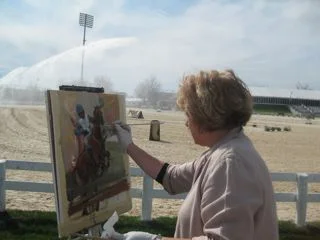 A little more paint was applied... You can see the arena in the background. (I was painting on David Davis lead-primed linen taped to a board, with oils.)