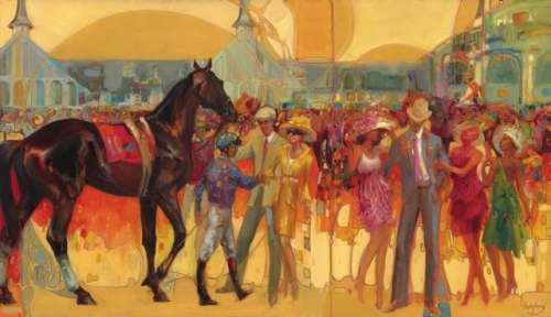 First, the start of the race idea, depicting the team of owners, trainer, jockey and athlete and the Oaks: