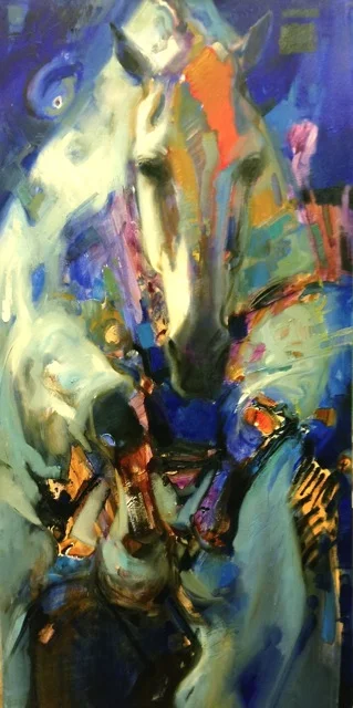 “Defying Gravity” – Snowman Oil Series #2 – 48″ x 24″ oil on canvas. 2013 Lesley Humphrey. (Private Collection of FCB)
