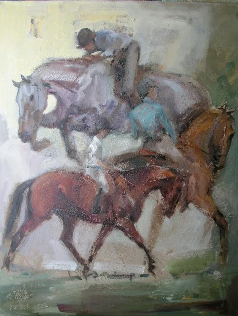 Pin Oak plein aire studies. I parked myself by the practice arena. Honestly, people come by like clockwork; everyone pops over the practice jump pretty much the same way, about every ten seconds….. It is possible!