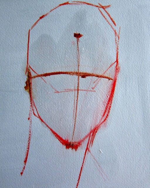 Directional Line & Eye Line: Place a vertical line between brow mark and chin mark indicating direction of head. Then place an 'eye line', which on a female is approximately half-way between them.