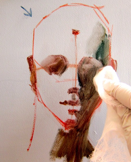 Applying Light 2 - Form Shadow: Decide the direction of the light source (notice little arrow on top left). With thin, soupy paint (this was Transparent Oxide Red, Blue and Viridian plus Liquin and turp), apply to the shadow side of face and neck. (Note the small, triangular shapes applies to either side of 'lip pusher muscle shadow shape'. I always paint each shape separately.) Soften the edges with a soft cloth. This creates the 3-dimensional planes.