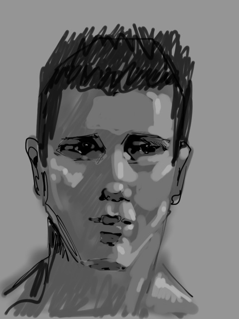 Added smaller, higher lights to create further nuances of facial features. Added hairstyle, and ears.