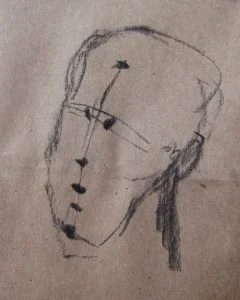 Using charcoal or pencil, draw skull ball, neck post, jaw wedge, lines and landmarks for shadow planes