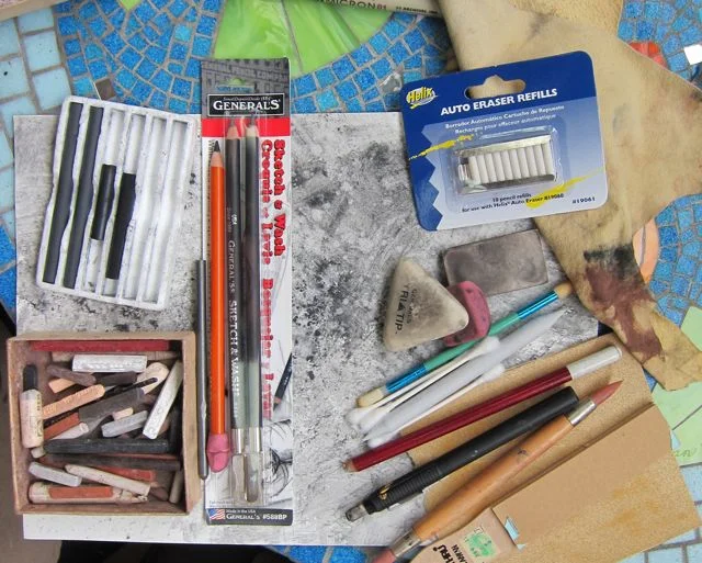 Left: Application/charcoal & conte. Right: Excavation/etching/erasing tools