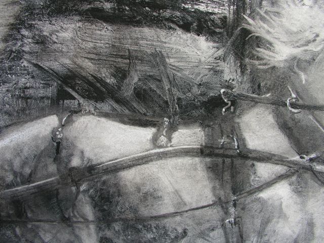 Adding smaller layers of dark, and erasing smaller, higher lights, using the mechanical eraser for higher lights, and touches of white gouache for image/shiny lights..