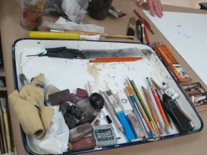 My tools… Notice how many erasing/etching tools I have, compared to my charcoal, or application tools.