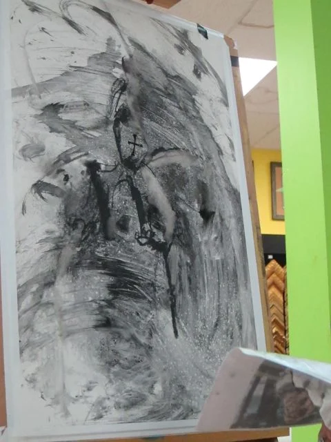 I begin with a strong mark that delineates not necessarily the external appearance, but the underlying structure. With a soft eraser or cloth, I excavate my first layer of where I see large planes of light