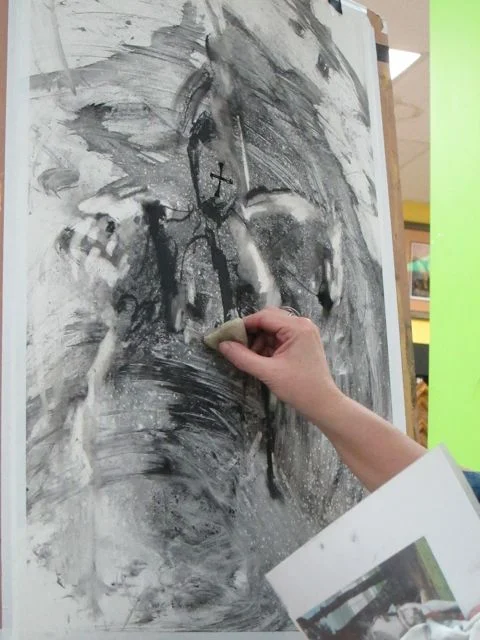 Using a smaller eraser, I excavate/erase smaller, cleaner ‘platforms of light’.
