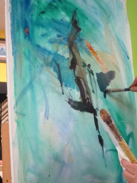 On previously stained and dried hot-pressed watercolor paper, began using strong, structural marks as above. Added shadow shapes for ‘WLDH’ (see 12 Lights lesson.)