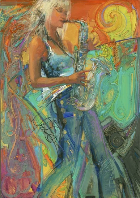 Another birthday present for Larry: His favorite, the beautiful and talented Mindi Abair! 24 x 18 watercolor on paper. 2012. From the Sea Breeze Jazz Festival, Panama City, Florida. I painted this for my husband Larry’s birthday, and had Mindi sign it for him when she came to Dosey Doe’s in December. She loved it so much, she asked make posters from it! You can buy them from her website www.mindiabair.com (if not yet, stay tuned.) The photo is slightly more dull than the actual version. :)