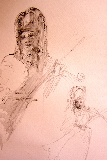 Seabreeze Jazz violinist. I didn’t care one hoot about ‘getting a likeness’. I only hoped that the pressure, line and lilt of my pencil could somehow capture my experience of the beautiful, talented musician on stage. White robes fluttered in the sea breeze in perfect rhythm with her graceful arms. Her eyes were mostly closed, as she made the most beautiful music that rose and fell like the gentle ocean. Her hair, curled and held up to heaven, her natural crown. She and her music were just exquisite and I was inspired to draw……. Such is the goal of gesture drawing.