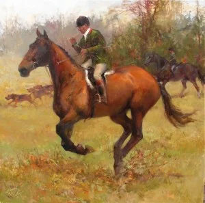 The Huntsman, by Lesley Humphrey. 36 x 36 oil on canvas. I used to hunt with this gentleman. I painted this from a photograph.