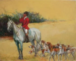 Gone Away by Lesley Humphrey. 24 x 26 oil on canvas. Painted the weekend my first child went away to college. I imagined that I painted the mournful sound of "The Gone Away", the Huntsman blows when a hound is lost, beckoning it home.