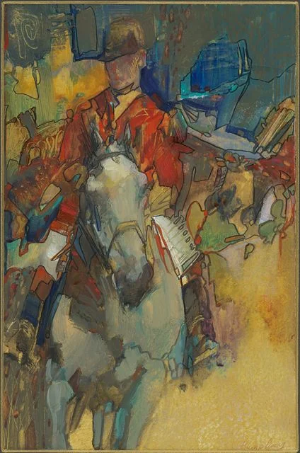 The Huntsman. 13" x 7" watercolor by Lesley Humphrey. With "How to paint horses" no longer forefront in my mind, I could explore other media, leave stuff out, and use more creative, spontaneous design elements to enhance my ideas.