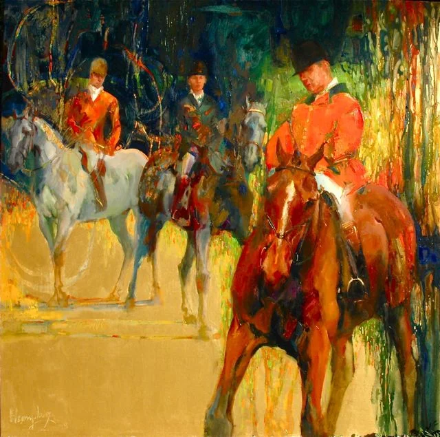 Trinity. 36 x 36 oil on canvas by Lesley Humphrey. An Arabic gentleman visiting the Kentucky Horse Park was offended by this piece. Perhaps he sensed that this painting is not about hunting or huntsman. Hunting imagery is used as metaphor for the underlying idea which is also hinted at in selection of colors, placement, etc.