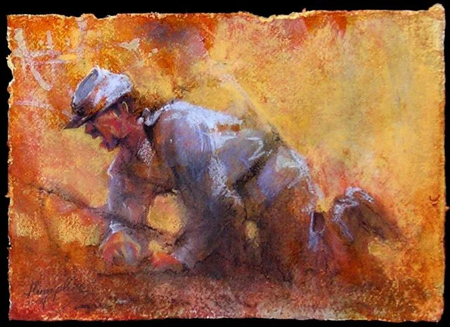 The Last Battle by Lesley Humphrey. Acrylic & pastel on handmade paper. Color, line, placement on the paper, and even the textural choice of paper can help infuse the viewer with your emotional idea.