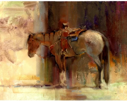 Rode Hard, Put Up Wet. 9 x 12 oil on panel, by Lesley Humphrey. During my artist’s residency week at the Kentucky Horse Park, this tired roping horse was tied to a post close to the AAEA studio. Luckily, I was already set up and waiting for such a chance. He dozed off and stayed in this position for 45 minutes. What a luxury!