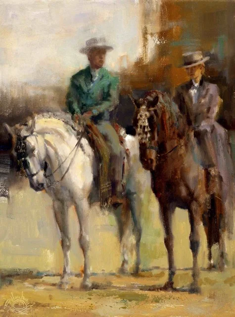 Sam & Marta. 14 x 11 oil on panel by Lesley Humphrey. Master riders of their magnificent Pura Rasa Espanol horses (Andalusian), Sam and Marta (father and daughter) used to ride in the Houston Rodeo Parade. I was fortunate enough to be able to meet them prior to the parade, whilst they were waiting.