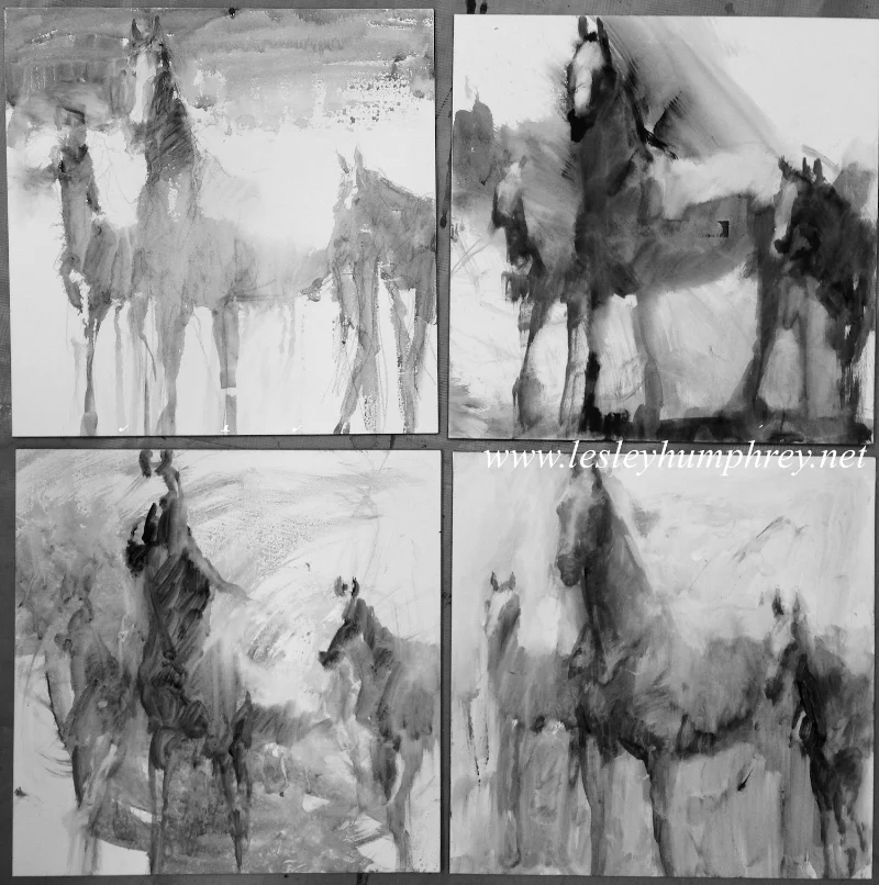 THE BROODMARE SKETCHES : 12 x 12 acrylic on Ampersand panel by Lesley Humphrey