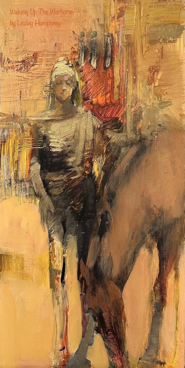 WAKING UP THE WARHORSE: 24" x 12" acrylic on panel (Available)