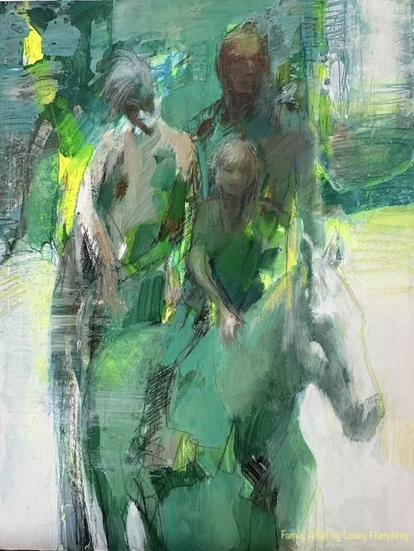 FAMILY AFFAIR:  12” x 9” Improvisation/acrylic on board by Lesley Humphrey (Available)