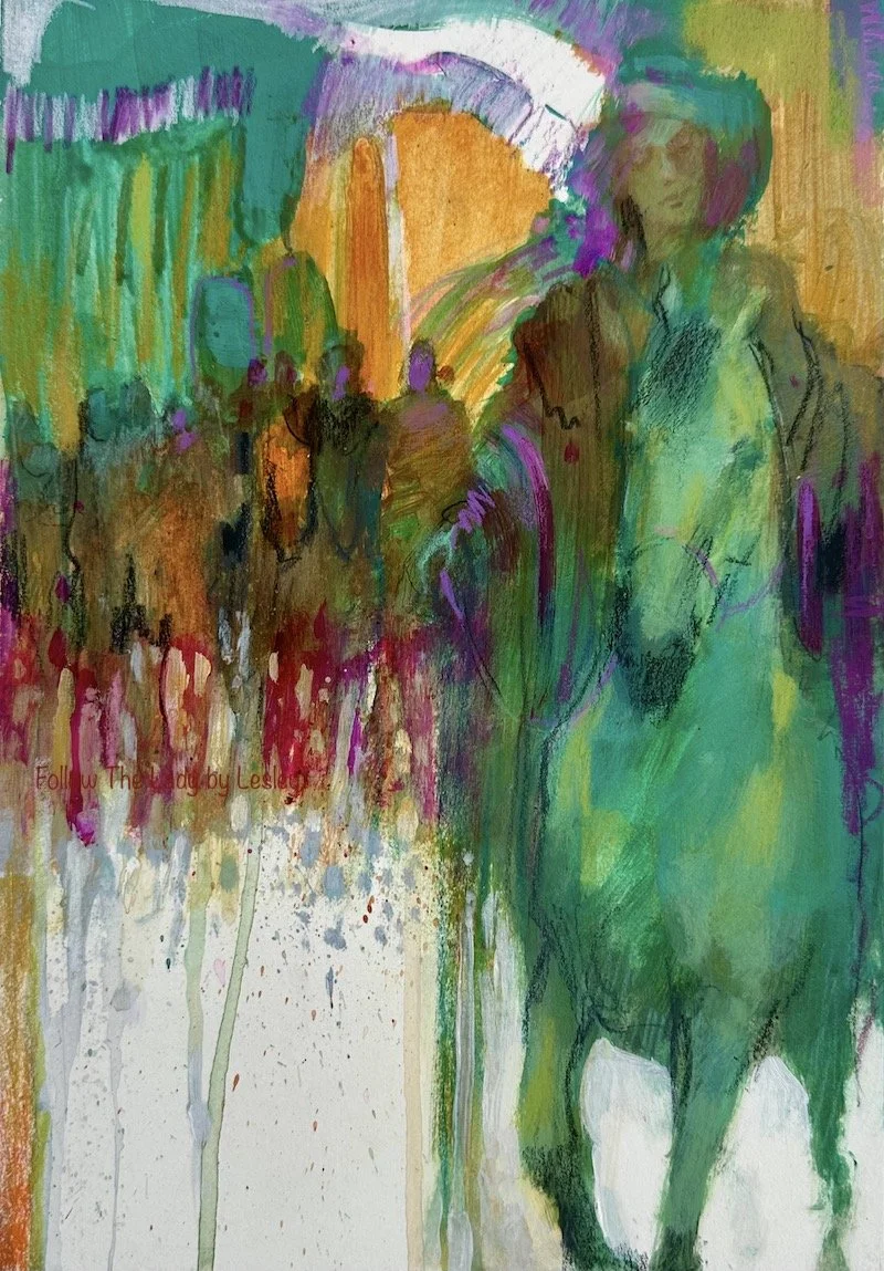 FOLLOW THE LADY:  11.5" x 7.5" improvisational acrylic on board