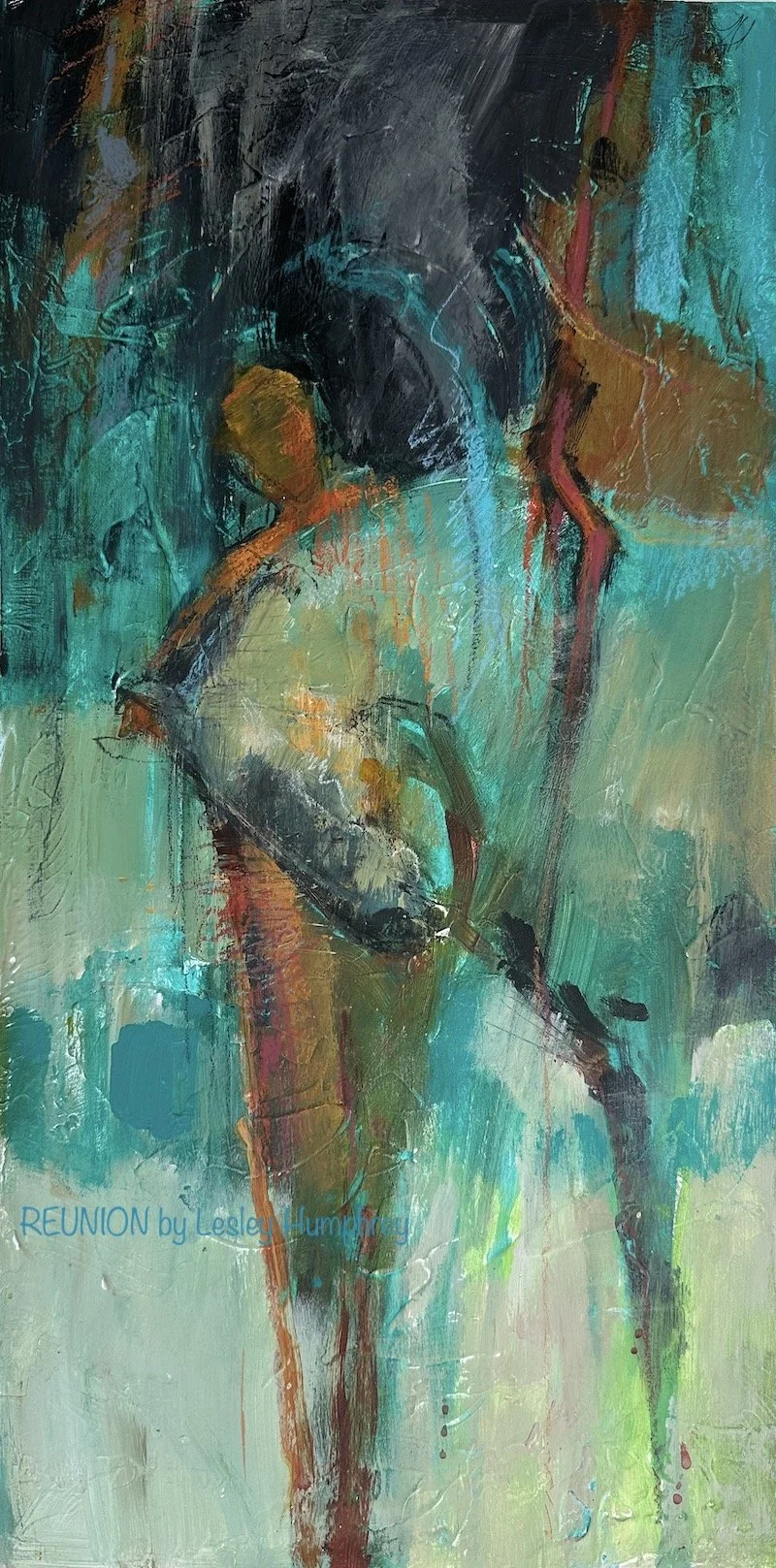 REUNION: 18" x 9" Acrylic, mixed-media improv. on wood panel