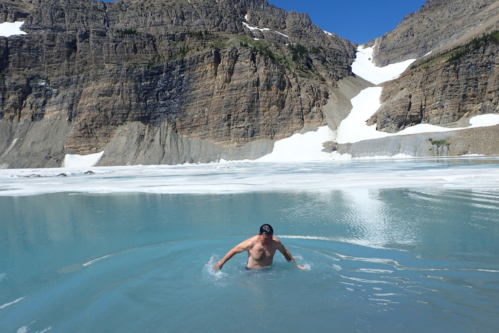 Grinell Glacier Lake.. the water was... chilli. (And yes.. that white stuff on the water behind me are icebergs!)