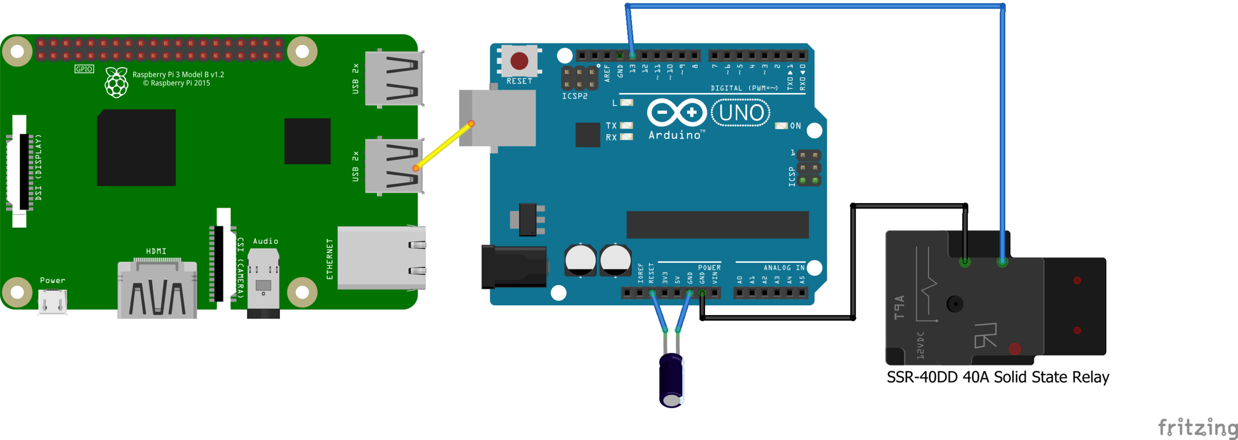 Yellow line signifies the USB connection between the Pi and Arduino. Also note the presence of a 47 micro farad capacitor between the Arduino's reset pin and ground. This is to prevent the Arduino from resetting every time a serial connection is established.