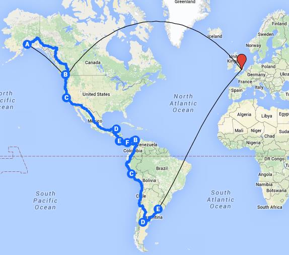 Our planned route from home in London across the Americas