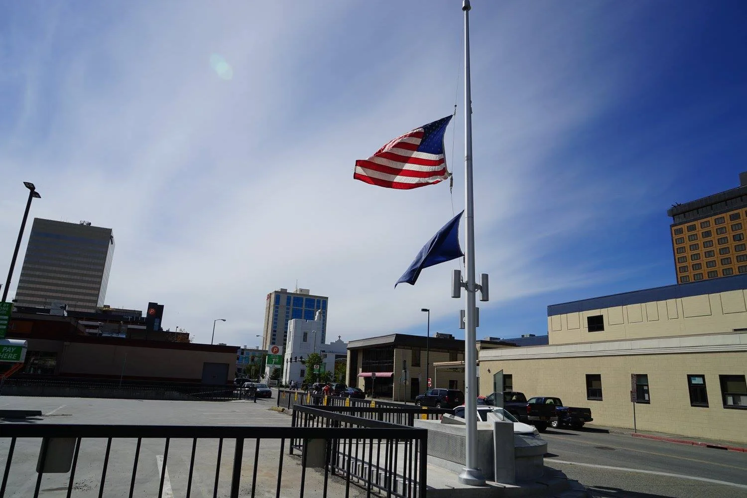 US flag at half-mast in Anchorage, Alaska, after the Orlando shooting. Photo taken days into the beginning of our journey.