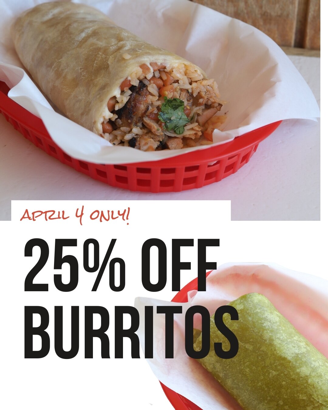 Today only! Celebrate National Burrito Day with Gordos! Get 25% off all burritos (max 5 if you can even eat that many) with code BURRITO on the app or online! Don't forget to tag your friends and expect longer wait times due to popularity.