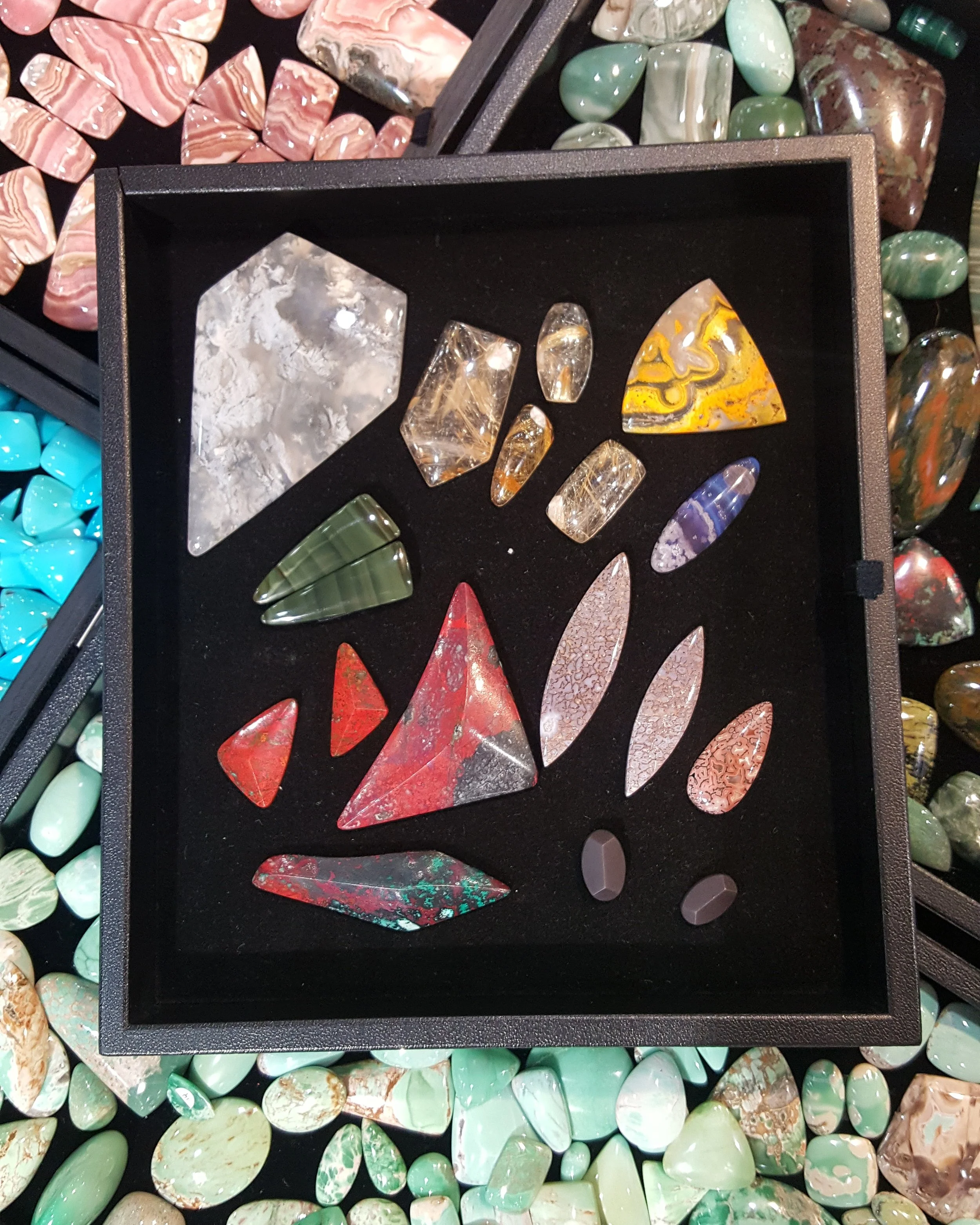 The last time I worked for Gary I came home with these! Sonoran Sunrise, Imperial Jasper, Leland Purple, Gembone (Dino Bone), Moss Agate, Bumblebee Jasper, and Rutilated Quartz