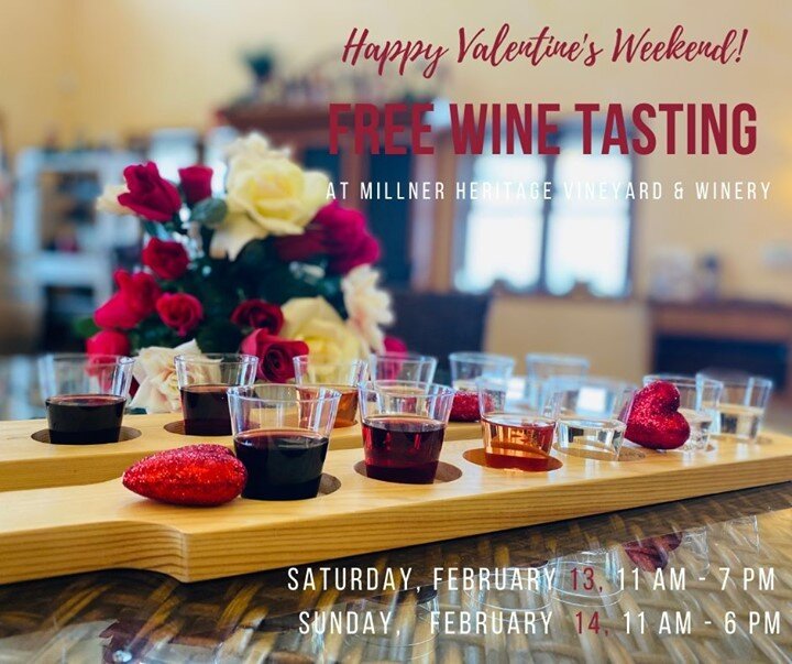 Happy Valen-Wine's weekend! ❤️ We offer FREE WINE TASTINGS this weekend for you and your Valentine. Come &amp; try our wine flights and choose your favorite to celebrate Valentine's Day. Hours are Friday 11 AM - 6 PM,Saturday 11 AM - 7 PM &amp; Sunda