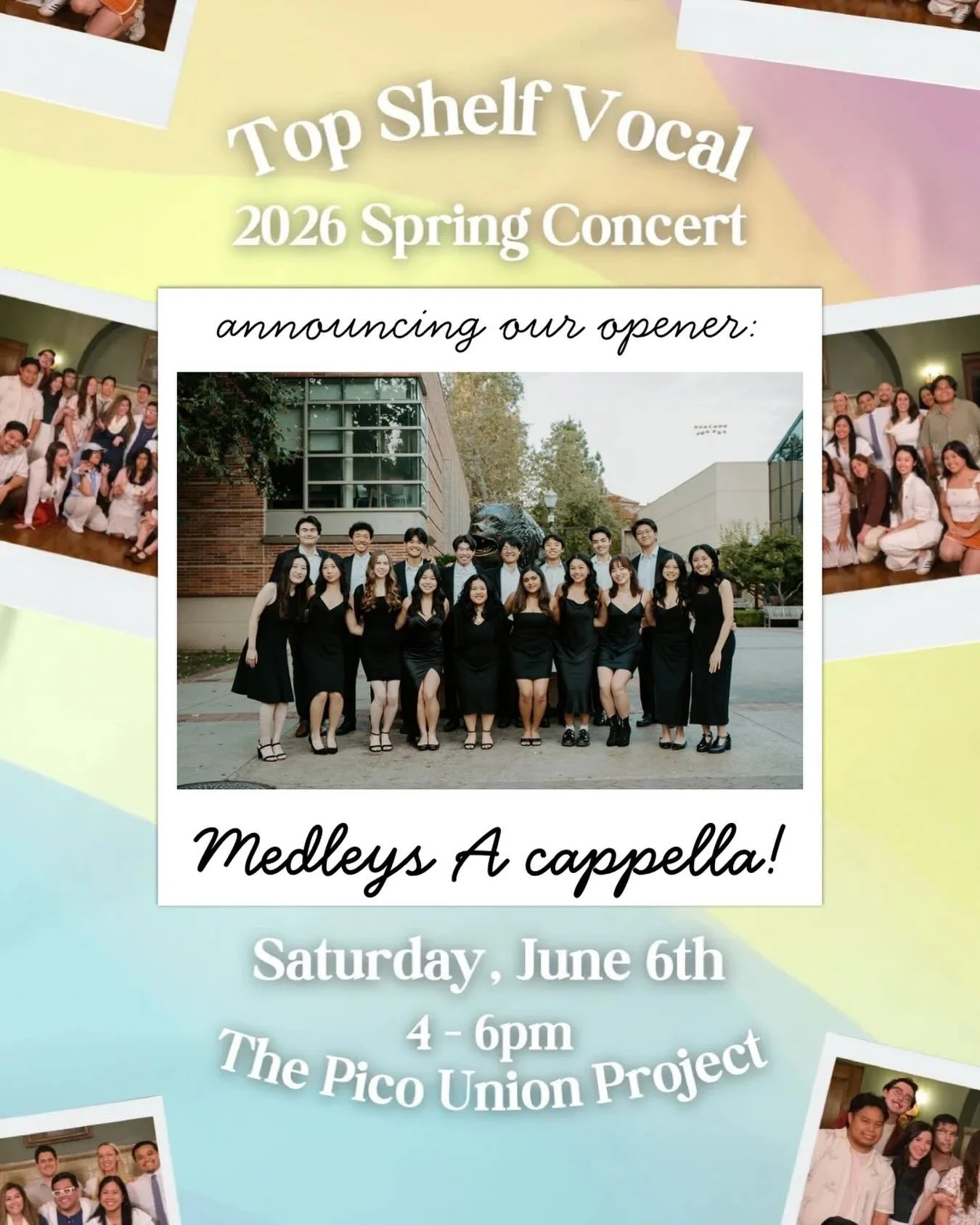 We are SO EXCITED to announce our concert opener for this spring - UCLA&rsquo;s @medleysacappella! They are an all-gender, community service based group spreading joy through music. If you want to hear these amazing singers and celebrate community mu