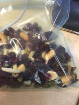 You HAVE to keep some healthy snacks on deck so that you won't succumb to your coworker's Snicker offerings. This is a bag of mixed nuts, dried cranberries and raisins that I nibbled on practically everyday. 