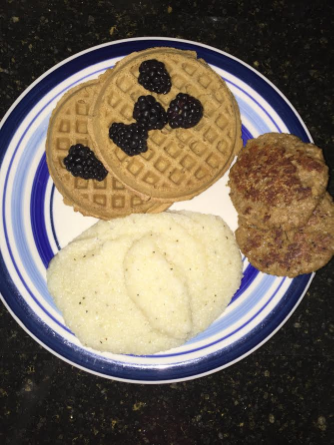 During the second week I realized I could have grits! I added some veggie sausage, and waffles made with whole wheat, brown rice and some other stuff that was allowed. 