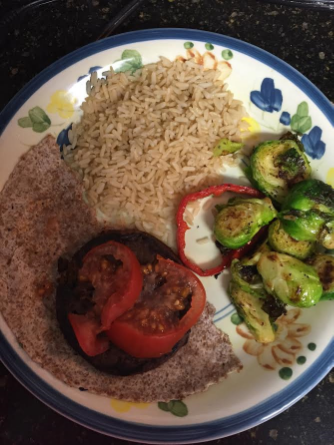 Once, again, the black bean burger, sautéed brussel sprouts, and brown rice. Still on the fence about whether that tortilla was allowed, but it was 100% whole wheat and tasted like cardboard so I'm pretty sure it was safe. 
