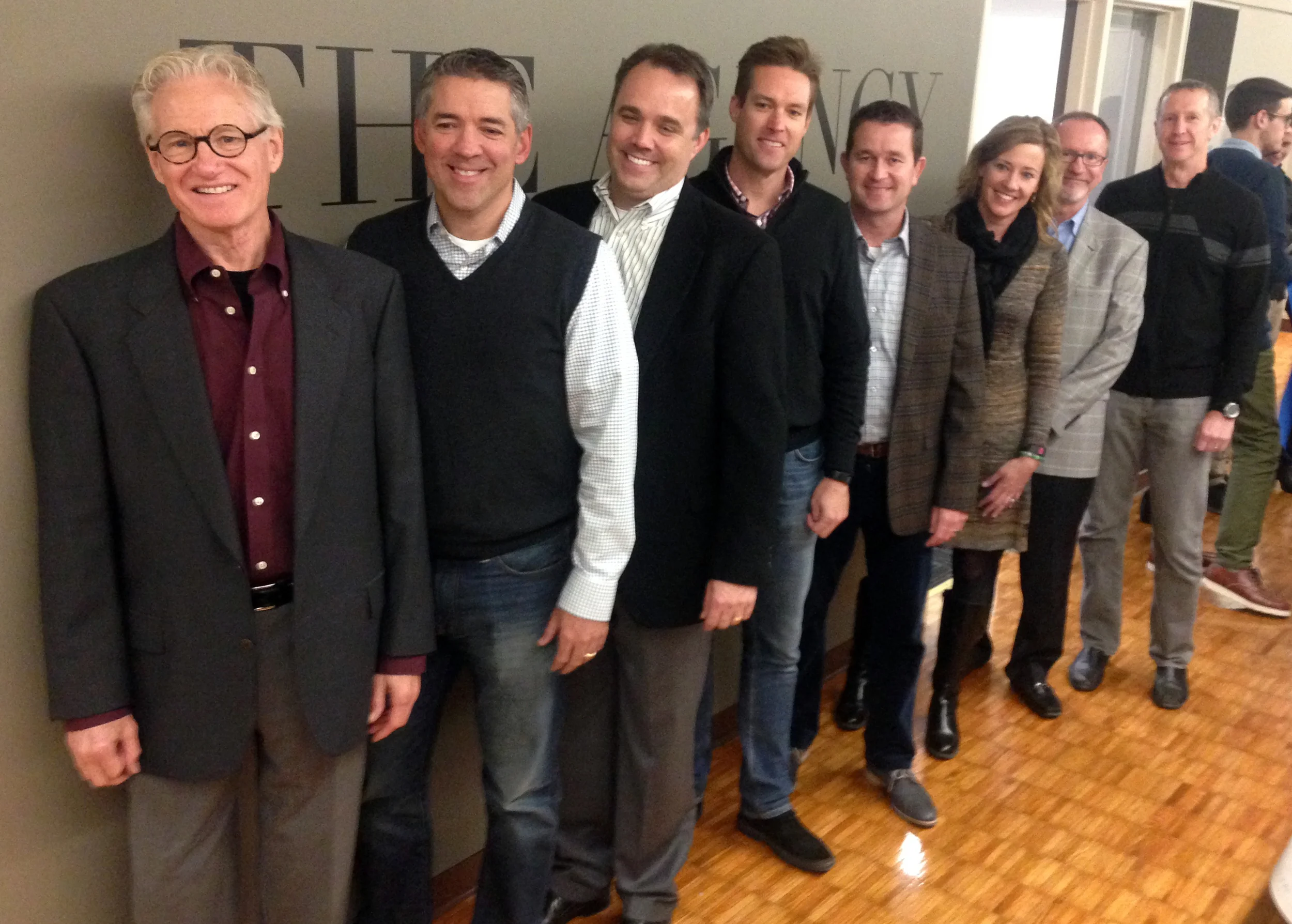 Founders of The Agency attended the ribbon cutting during J-School Generations. From left: Don Hunter; Phil Bressler and Jim Brown of Muller Bressler Brown; Jan-Eric Anderson of Callahan Creek; Jason Parks of Barkley; Ali Mahaffy and Rand Mikulecky of Sullivan Higdon & Sink; and Jim Chastain of Reality Check.