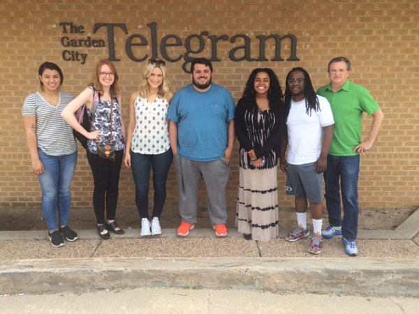 Seven students spent a week in Garden City reporting about health-care issues for Journalism 691: Community Journalism. The students are (from left) Aleah Milliner, Riley Mortensen, Kirsten Peterson, Ben Felderstein, Candice Townsend, Jourdaine Smallwood, and Media Crossroads Director Cal Butcher. (Not pictured: Max Rothman).