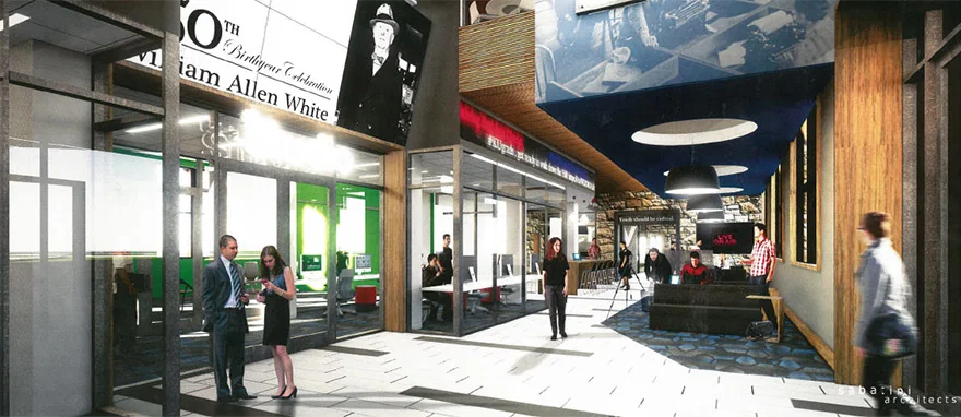 This architect’s drawing shows the remodeled first floor of Stauffer-Flint Hall, with work spaces for student media organizations, a news ticker and TV screens.The renovations are scheduled to be completed for the spring 2020 semester. Learn more about the renovations here.